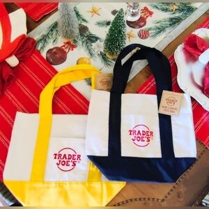 2 Trader Joe's Mini Canvas Tote Bags - Yellow and Navy